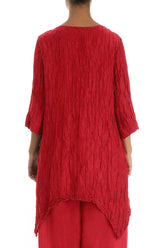Asymmetric Crinkled Cherry Red Silk Linen Tunic 2