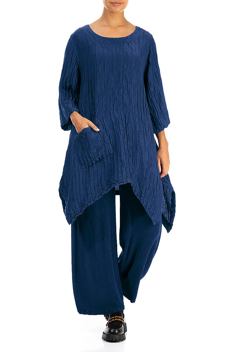 Asymmetric Crinkled Royal Blue Silk Linen Tunic 4