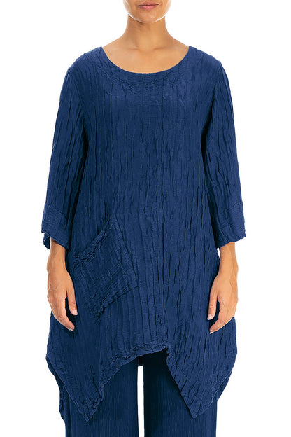 Asymmetric Crinkled Royal Blue Silk Linen Tunic 1