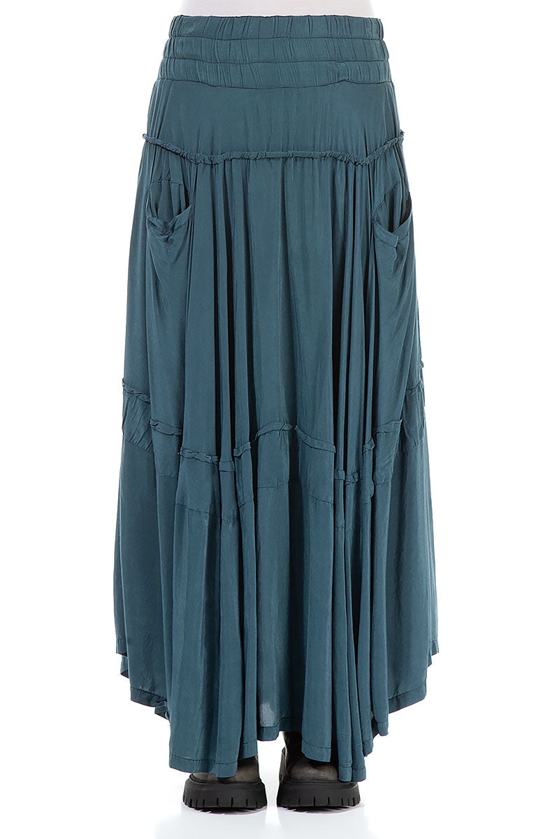 Asymmetric Dark Teal Silk Bamboo Maxi Skirt