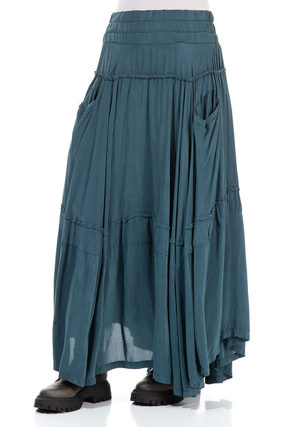 Asymmetric Dark Teal Silk Bamboo Maxi Skirt