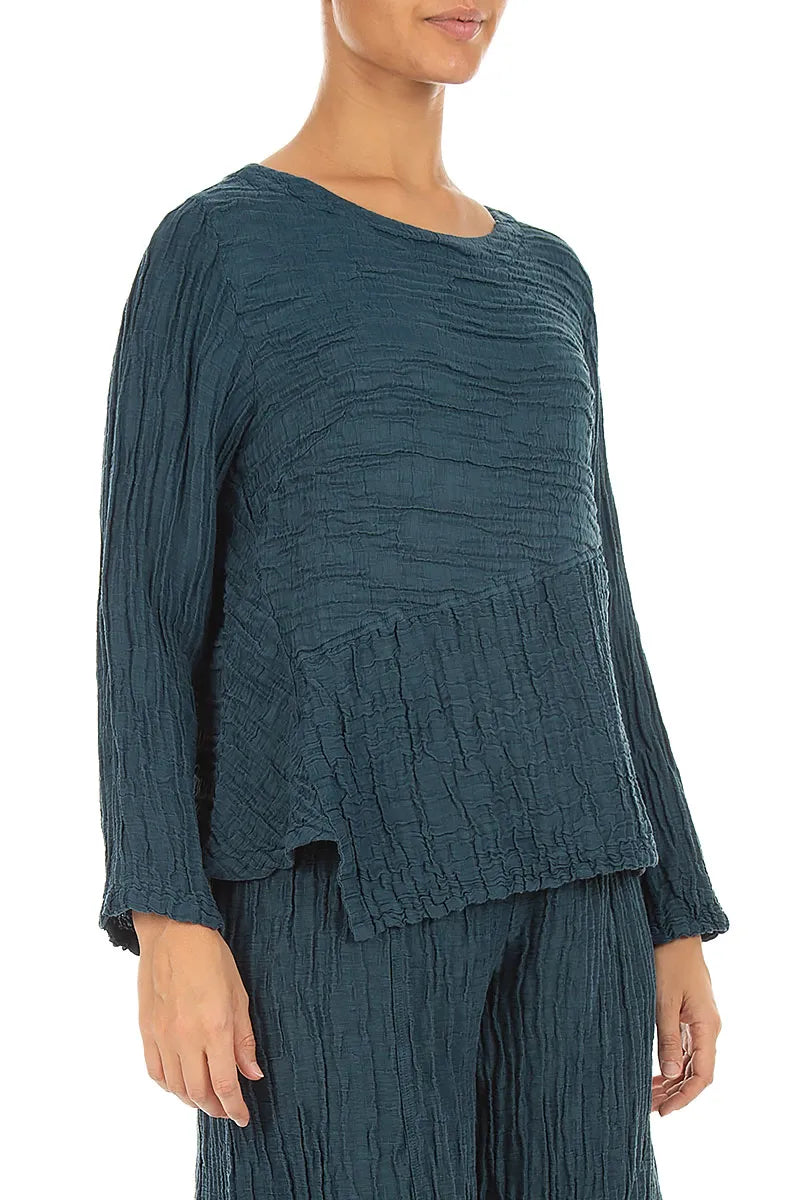 Asymmetric Deep Turquoise Crinkled Silk Linen Blouse 3