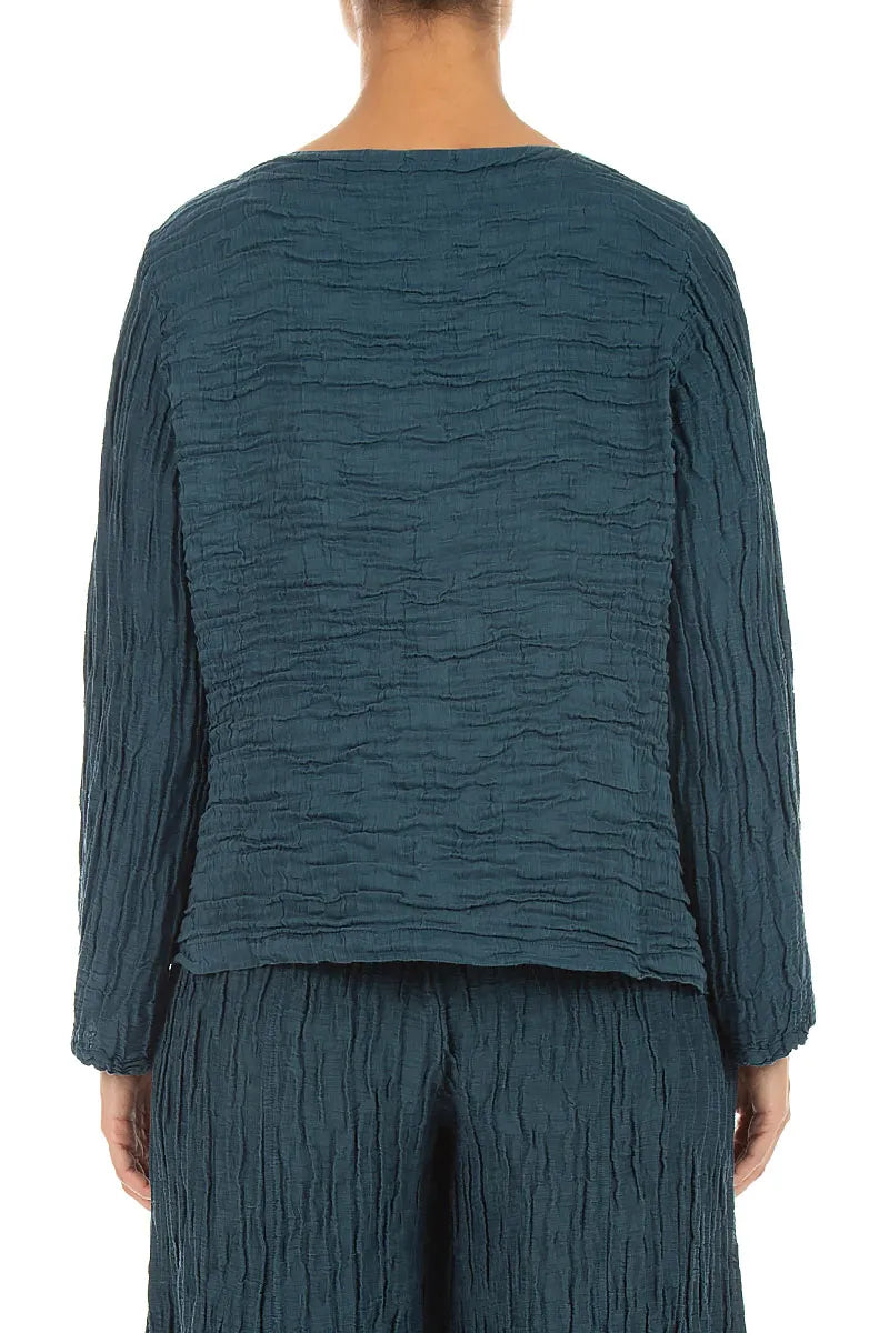 Asymmetric Deep Turquoise Crinkled Silk Linen Blouse 2