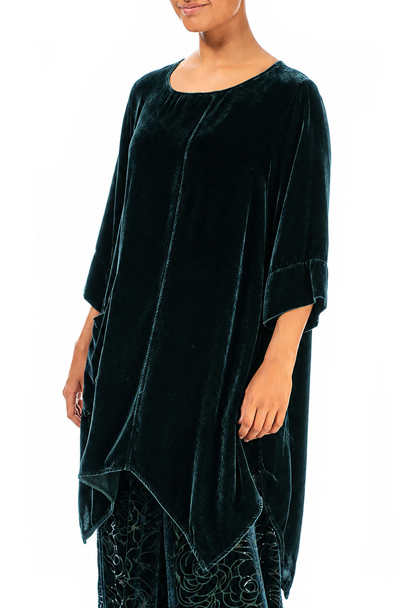 Asymmetric Deep Turquoise Silk Velvet Tunic