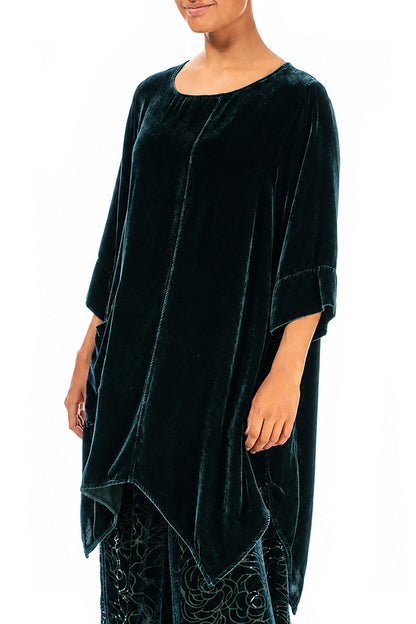 Asymmetric Deep Turquoise Silk Velvet Tunic