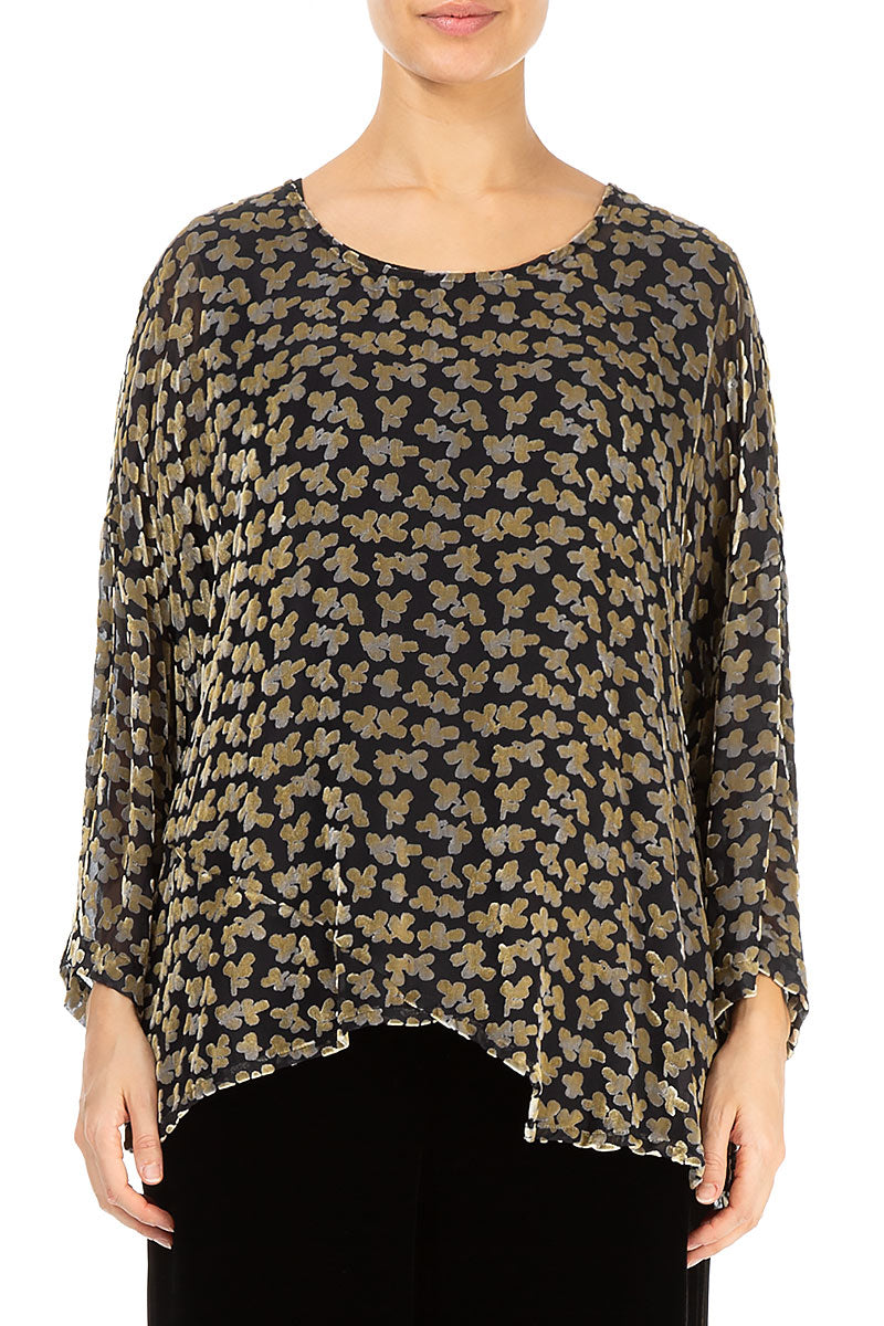 Asymmetric Devoré Petals Gold Silk Velvet Blouse