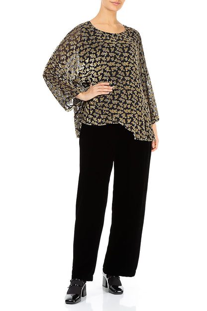 Asymmetric Devoré Petals Gold Silk Velvet Blouse