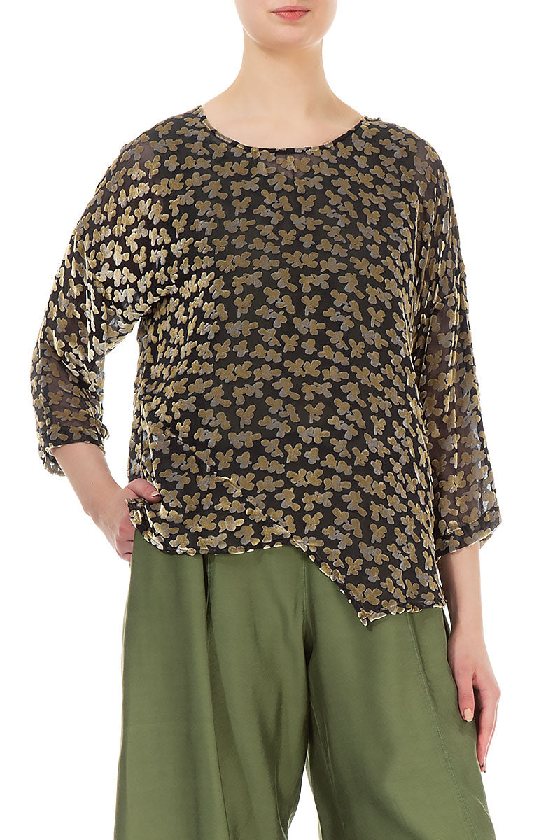 Asymmetric Devoré Petals Gold Silk Velvet Blouse