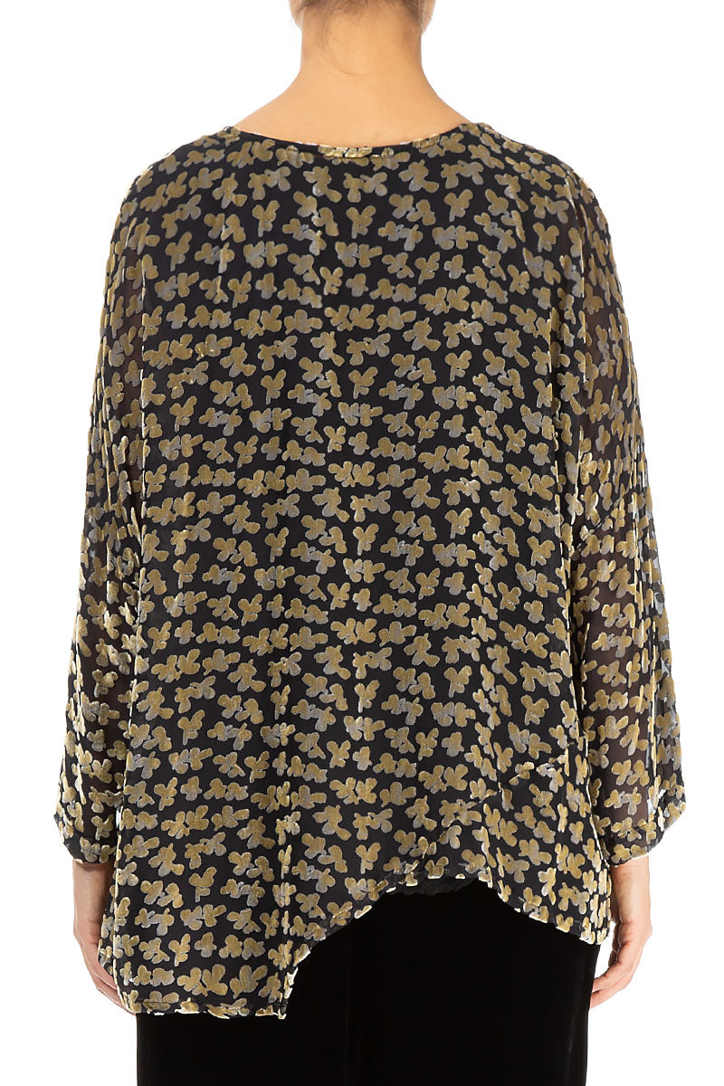 Asymmetric Devoré Petals Gold Silk Velvet Blouse