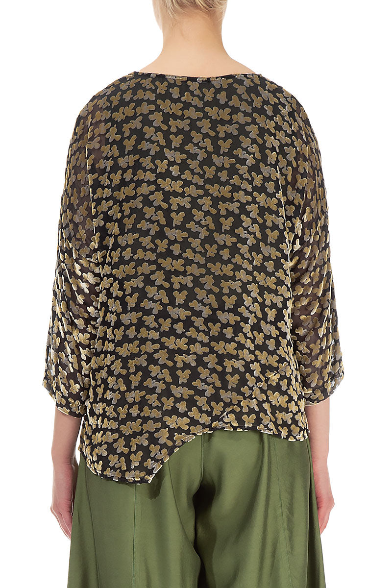 Asymmetric Devoré Petals Gold Silk Velvet Blouse