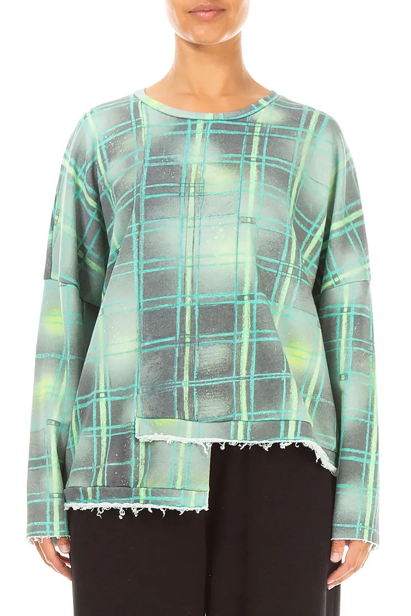 Asymmetric Emerald Grid French Terry Cotton Blouse