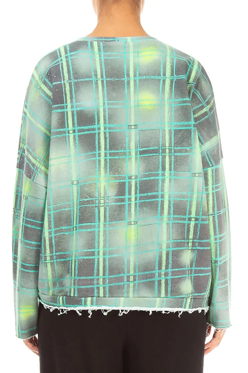 Asymmetric Emerald Grid French Terry Cotton Blouse