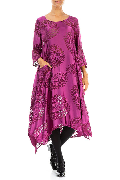 Asymmetric Floral Magenta Silk Dress