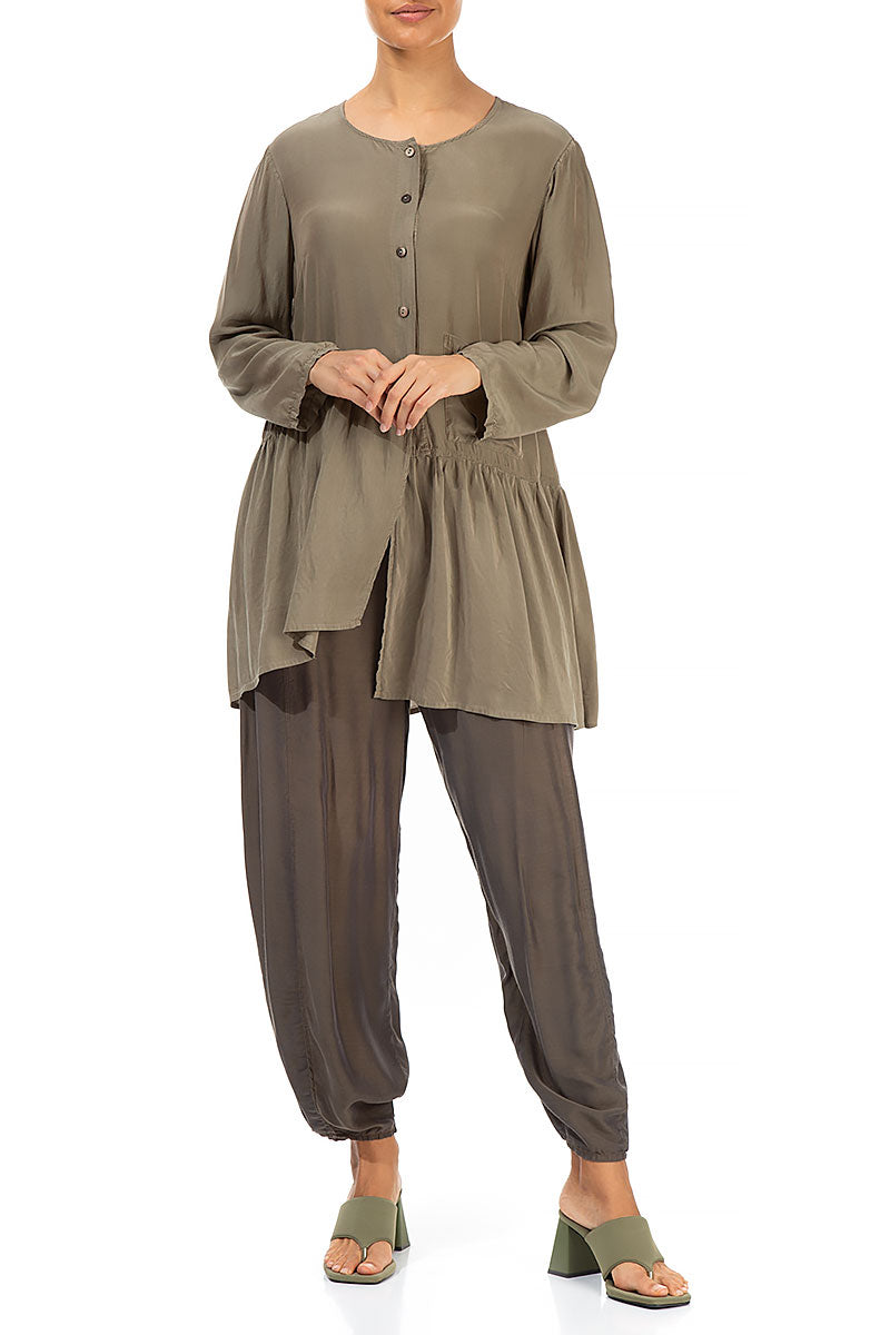 Asymmetric Light Khaki Silk Bamboo Blouse