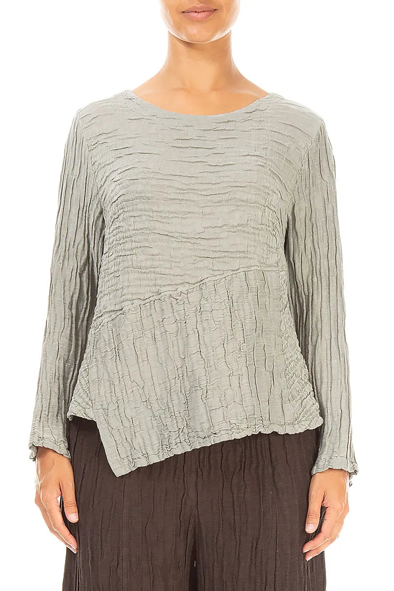 Asymmetric Olive Grey Crinkled Silk Linen Blouse