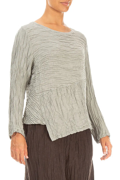Asymmetric Olive Grey Crinkled Silk Linen Blouse