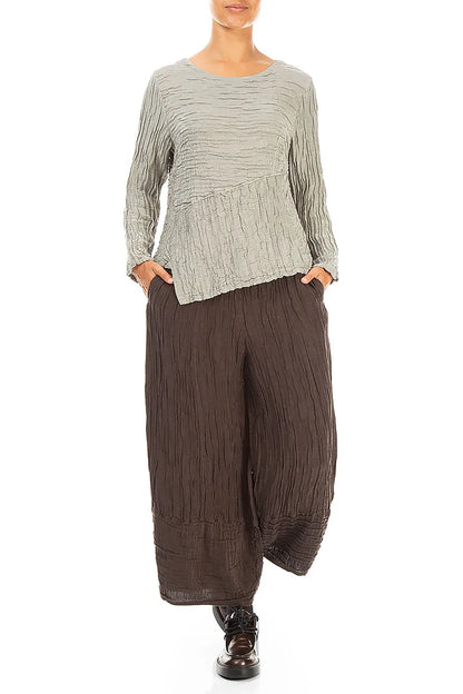 Asymmetric Olive Grey Crinkled Silk Linen Blouse
