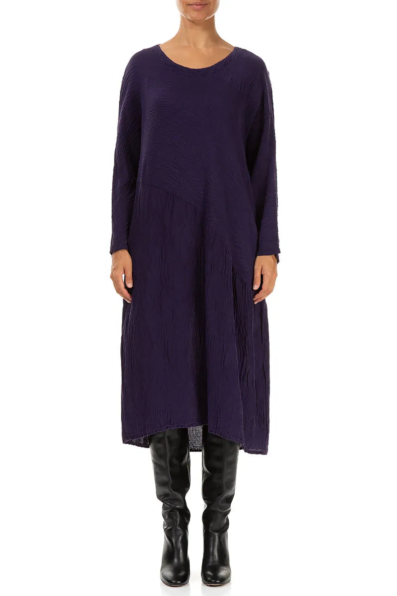 Asymmetric Royal Purple Waves Silk Linen Dress 1