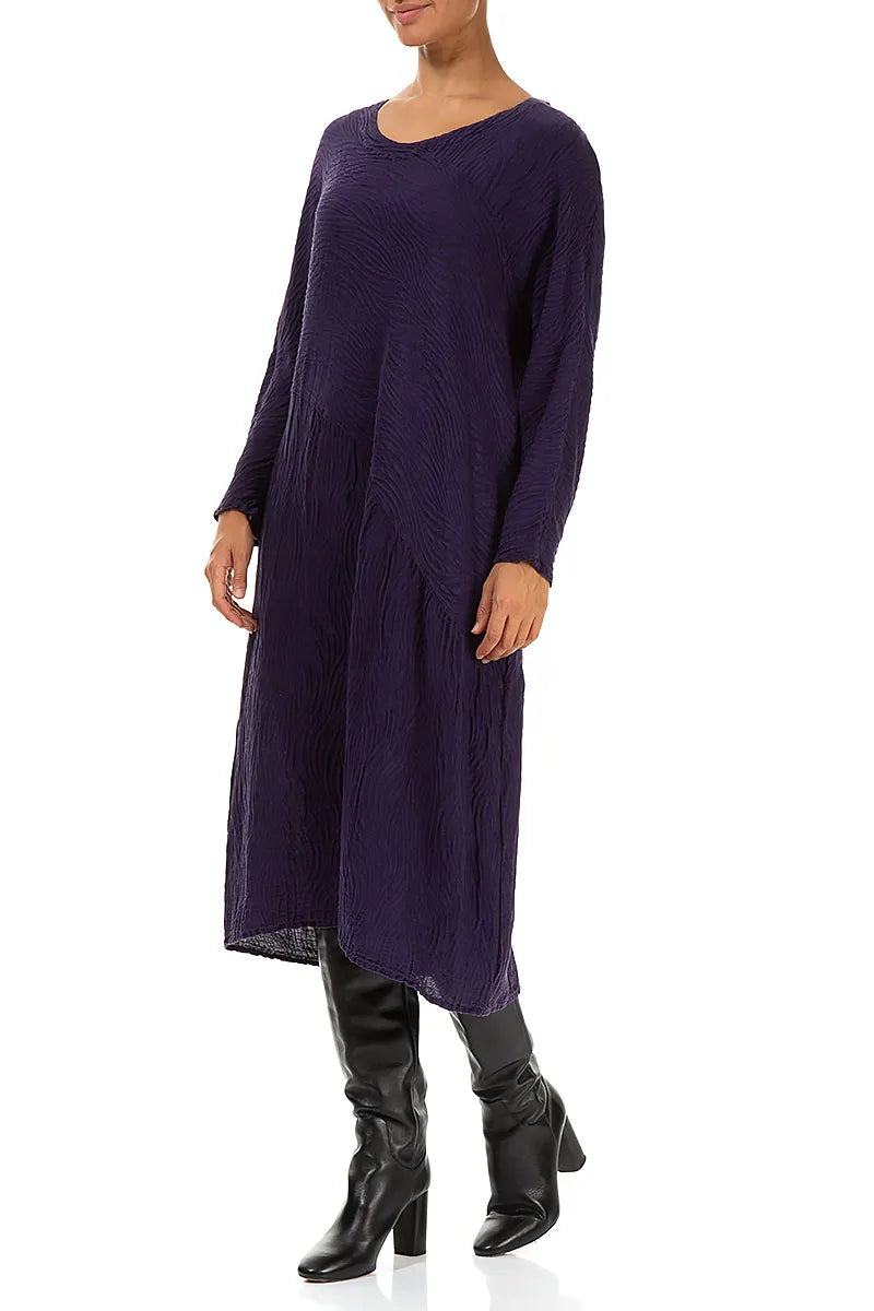 Asymmetric Royal Purple Waves Silk Linen Dress 3