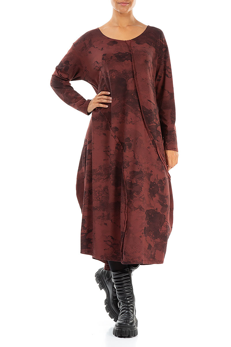 Asymmetric Seams Merlot Marble Cotton Dress