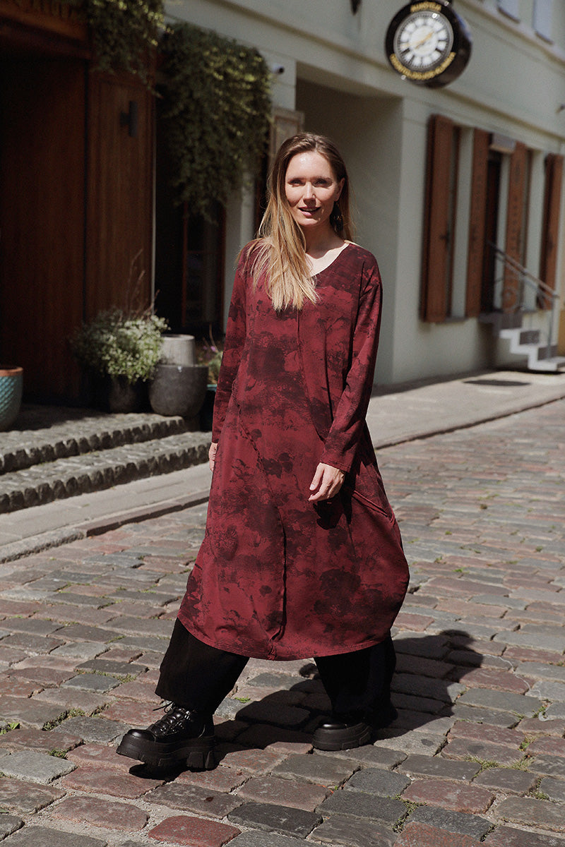 Asymmetric Seams Merlot Marble Cotton Dress