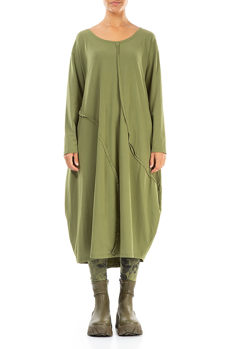 Asymmetric Seams Olive Cotton Dress