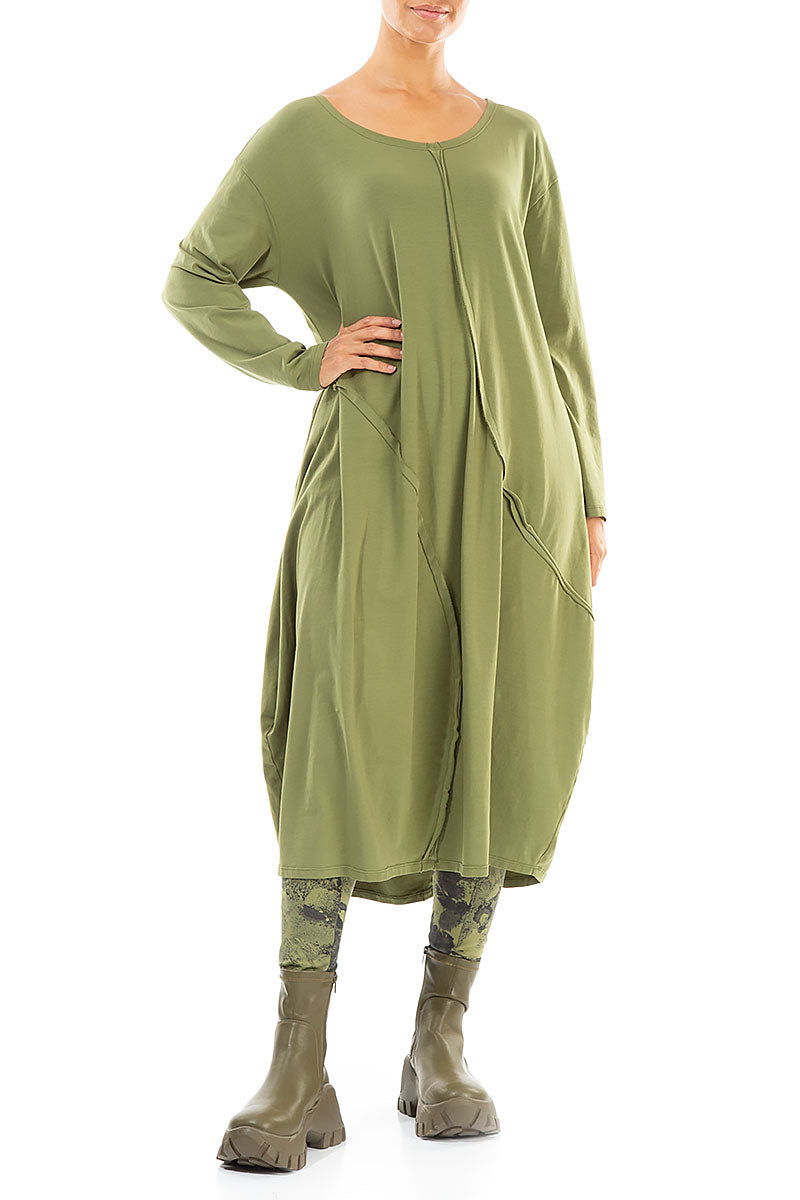 Asymmetric Seams Olive Cotton Dress