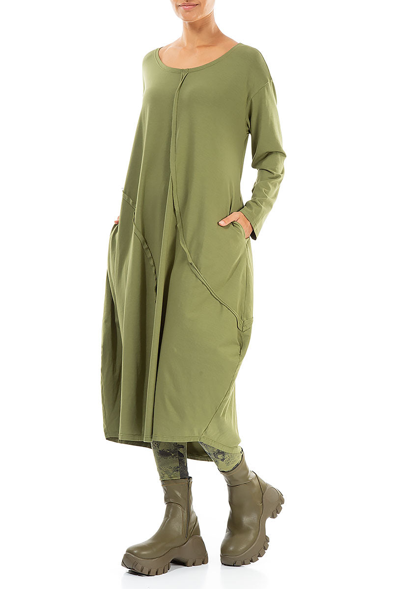 Asymmetric Seams Olive Cotton Dress