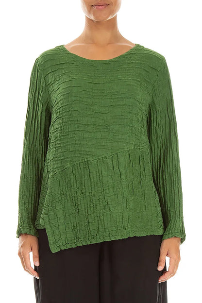 Asymmetric Shamrock Green Crinkled Silk Linen Blouse