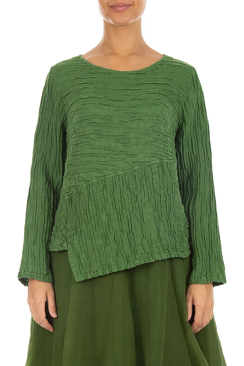 Asymmetric Shamrock Green Crinkled Silk Linen Blouse
