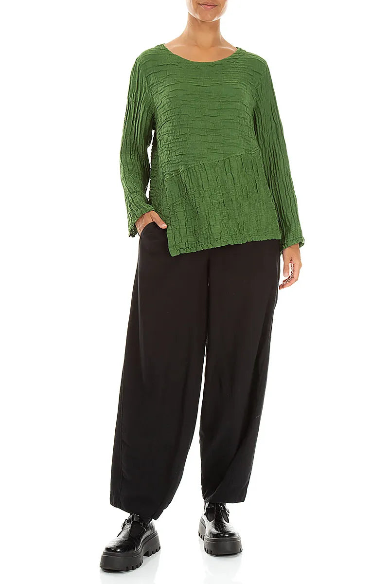 Asymmetric Shamrock Green Crinkled Silk Linen Blouse