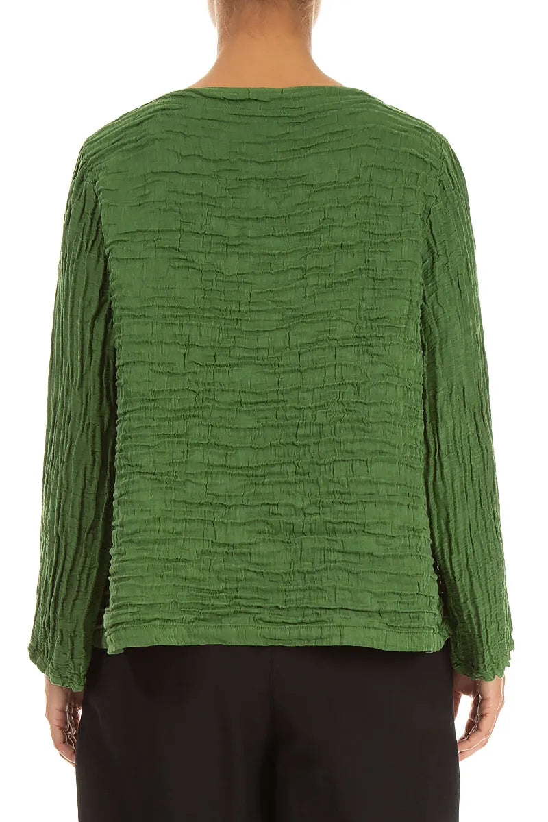 Asymmetric Shamrock Green Crinkled Silk Linen Blouse