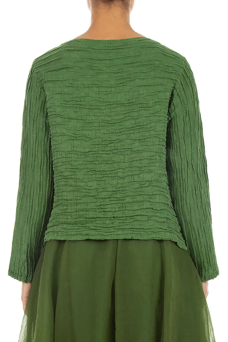 Asymmetric Shamrock Green Crinkled Silk Linen Blouse 2