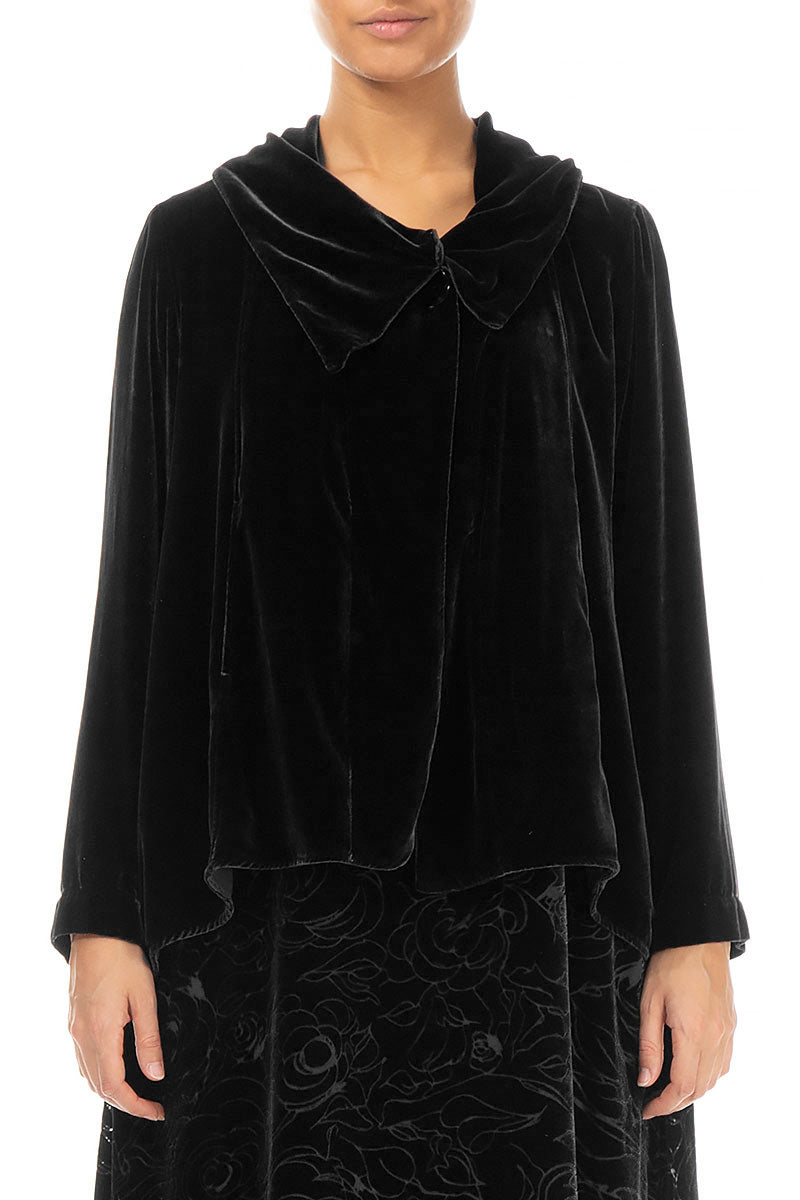 Asymmetric Single Button Black Silk Velvet Jacket