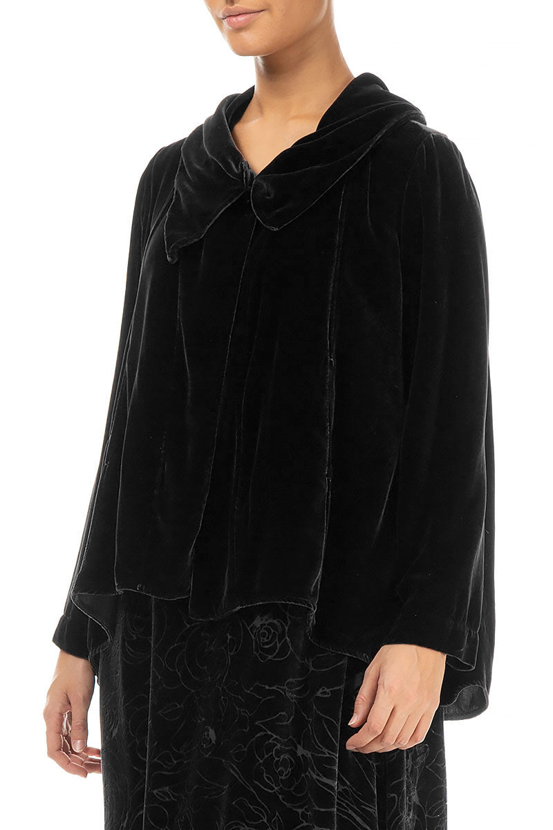 Asymmetric Single Button Black Silk Velvet Jacket