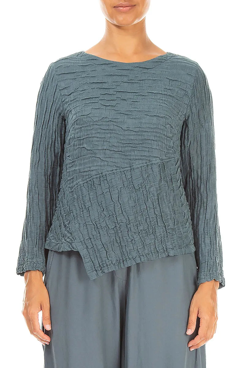 Asymmetric Slate Crinkled Silk Linen Blouse 1