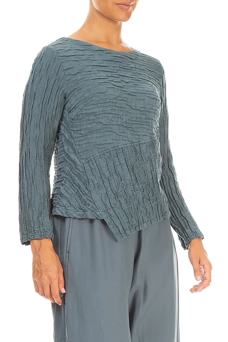 Asymmetric Slate Crinkled Silk Linen Blouse 3