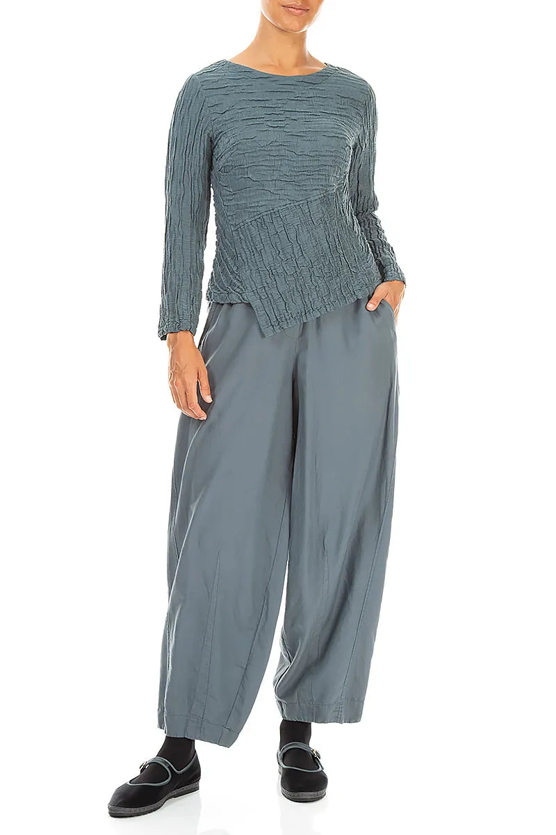 Asymmetric Slate Crinkled Silk Linen Blouse 4