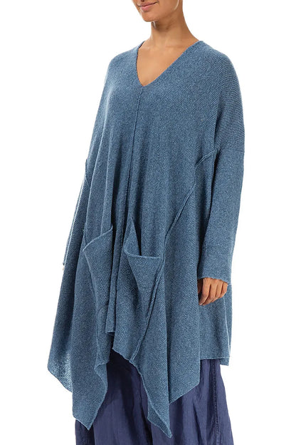 Asymmetric V-Neck Petrol Blue Wool Jumper 3
