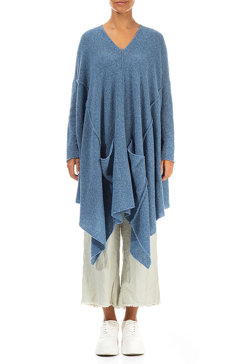 Pull asymétrique en laine bleu pétrole à col en V
