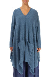 Asymmetric V-Neck Petrol Blue Wool Jumper 1