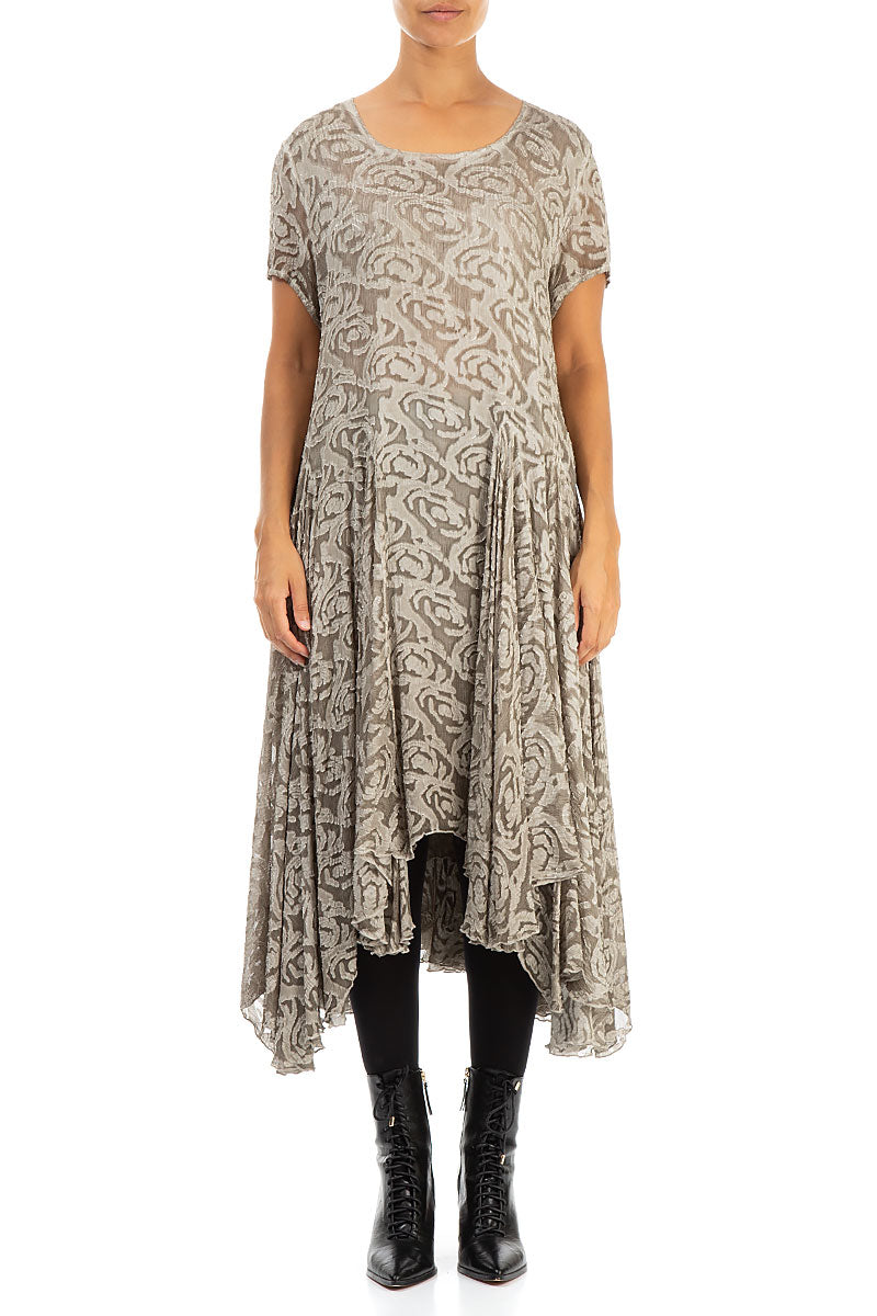 Flared Ornamented Cream Silk Rayon Dress 1