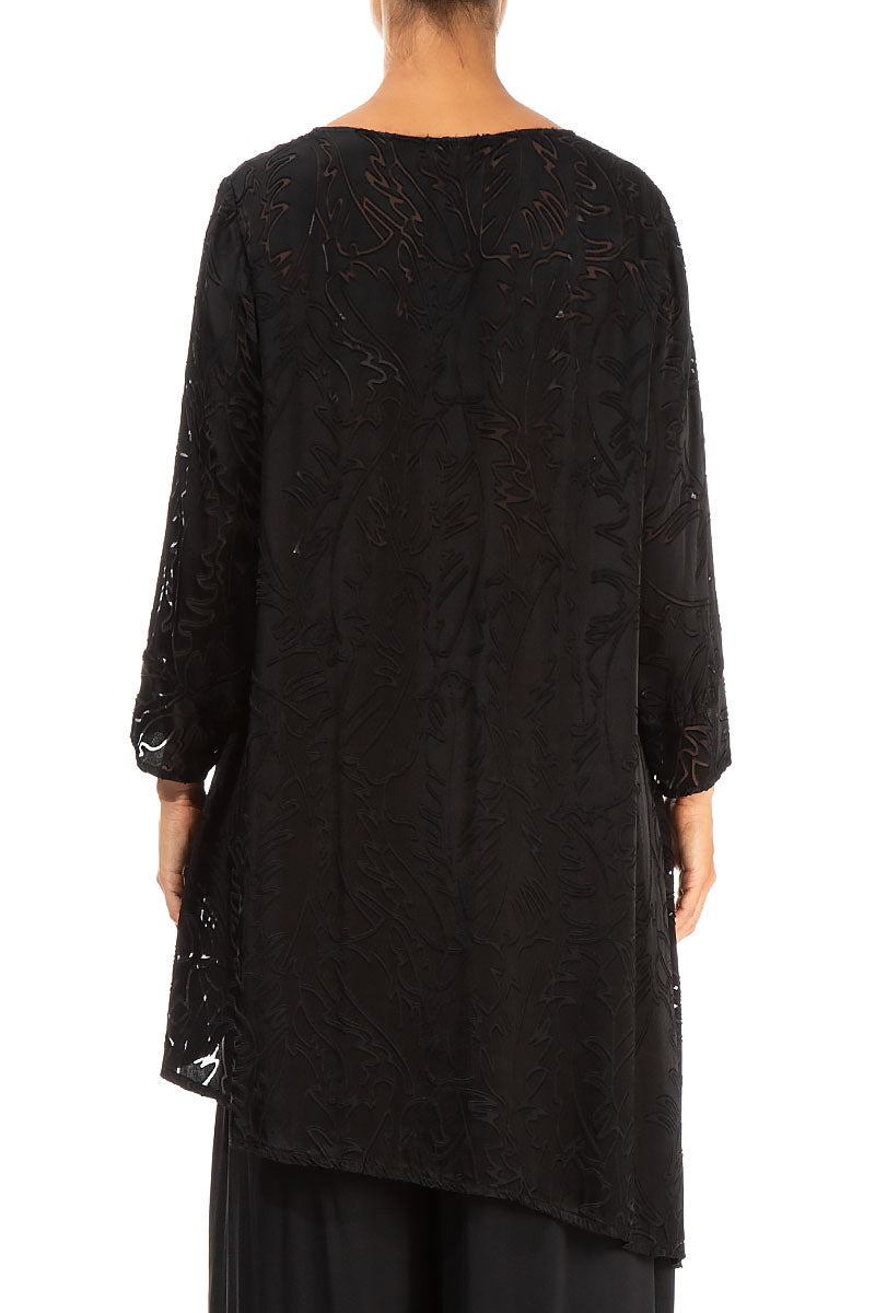 Asymmetrical Black Devoré Feather Silk Tunic