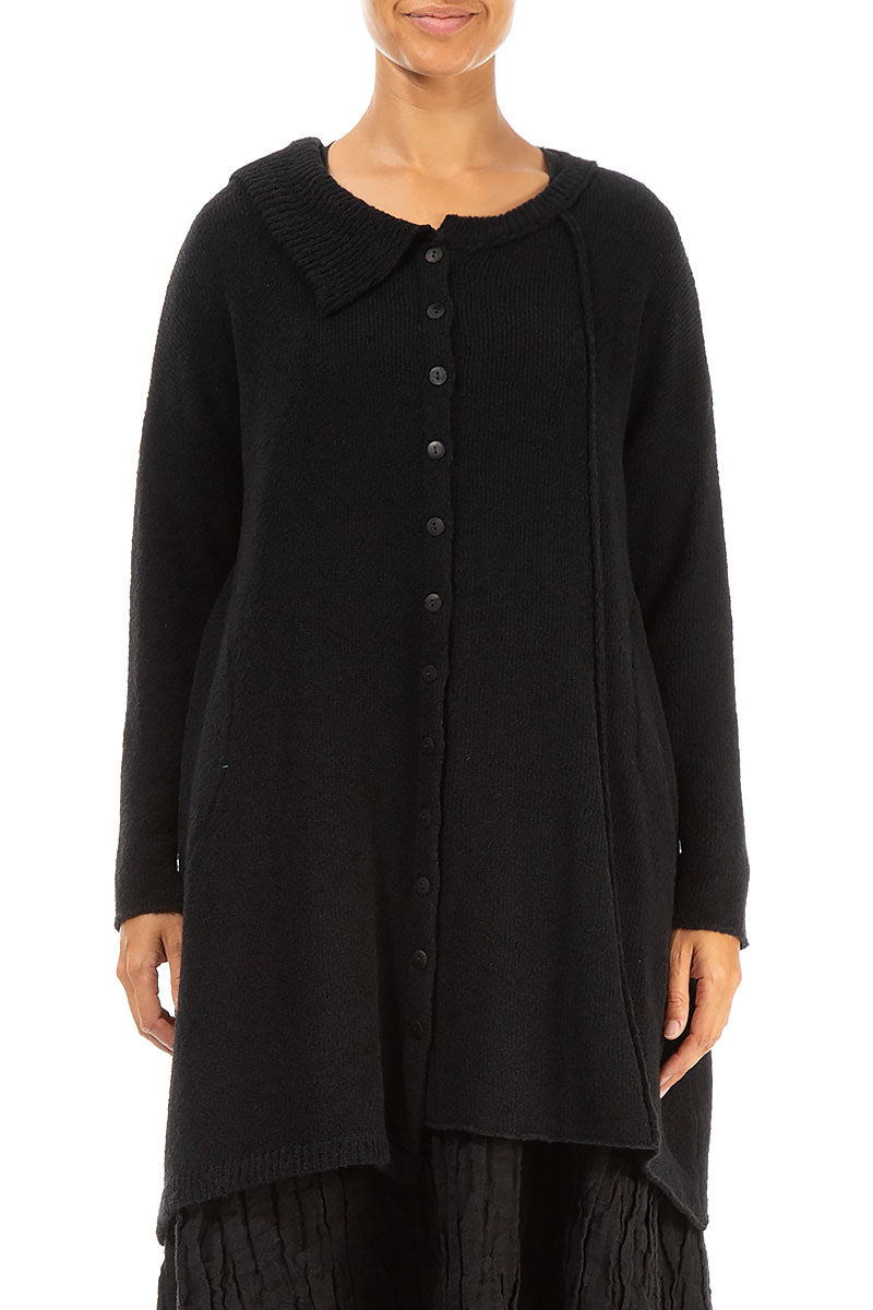 Asymmetrical Black Wool Cardigan