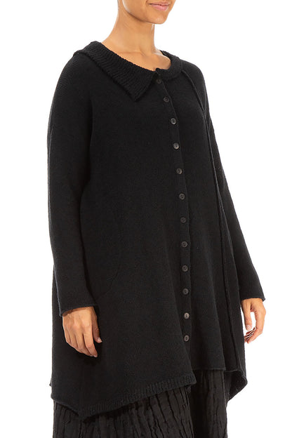 Asymmetrical Black Wool Cardigan