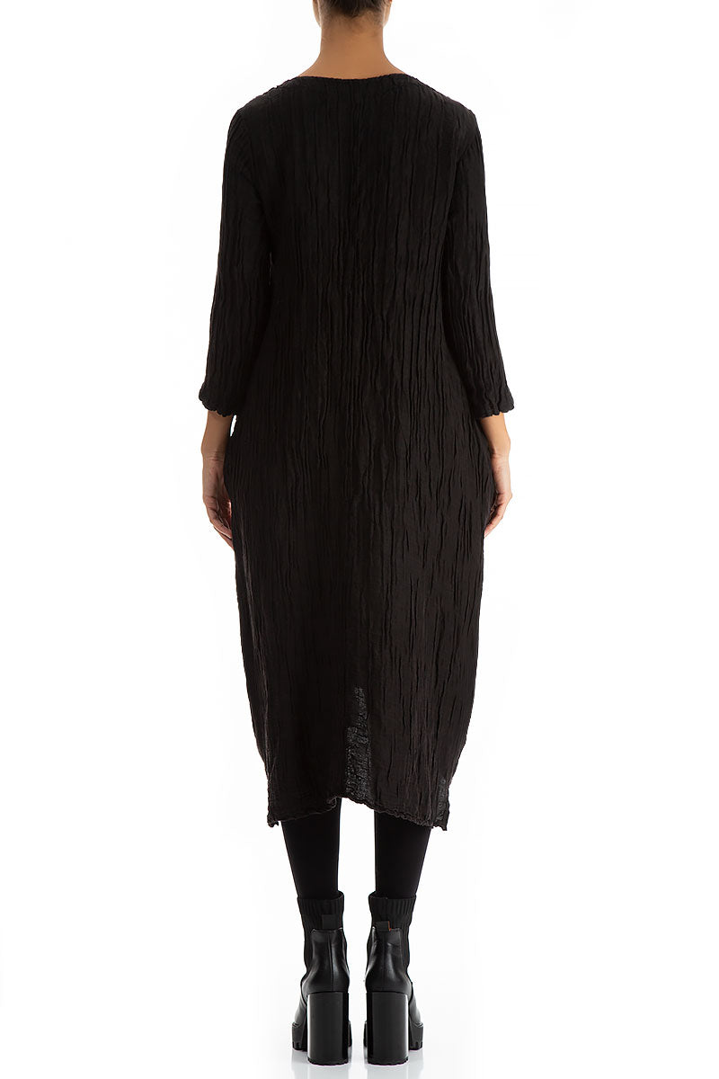 Asymmetrical Crinkled Black Silk Linen Dress