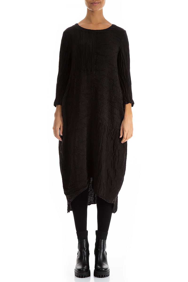 Asymmetrical Crinkled Black Silk Linen Dress