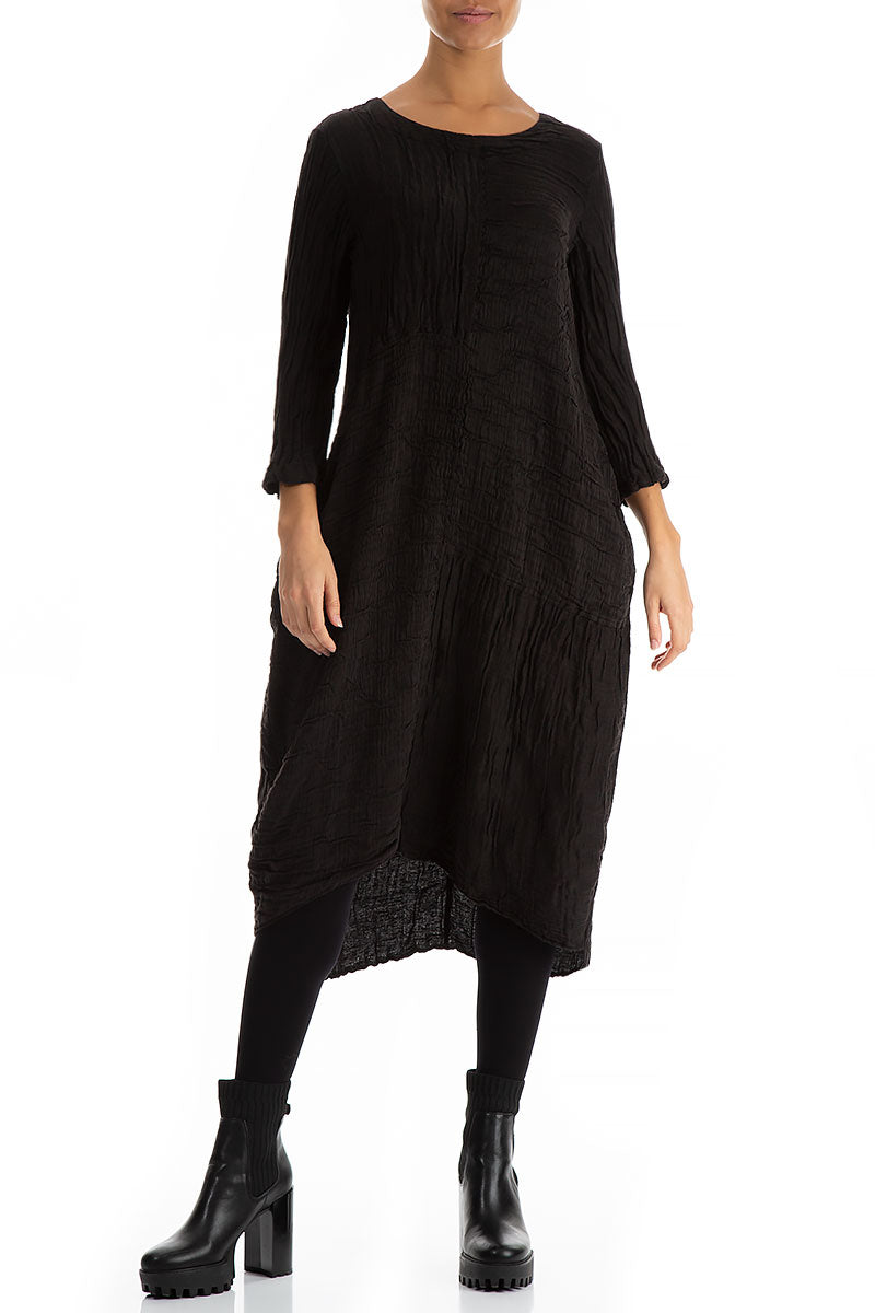 Asymmetrical Crinkled Black Silk Linen Dress