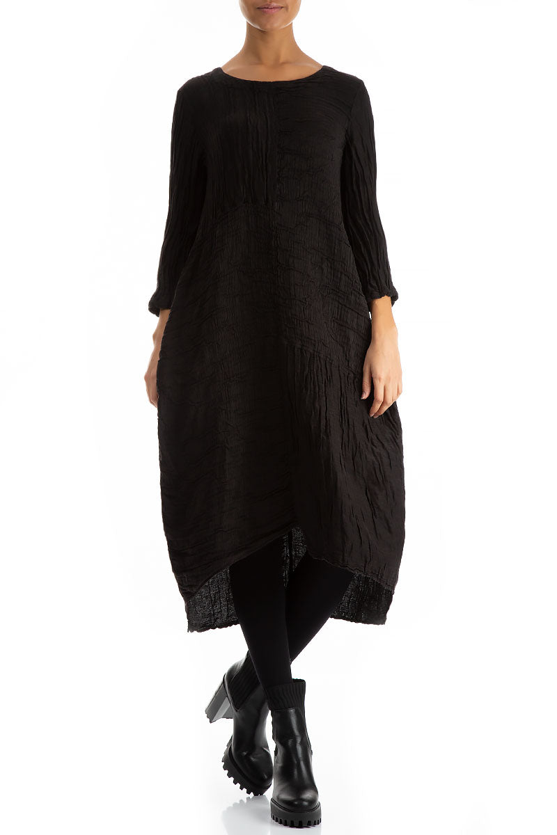 Asymmetrical Crinkled Black Silk Linen Dress