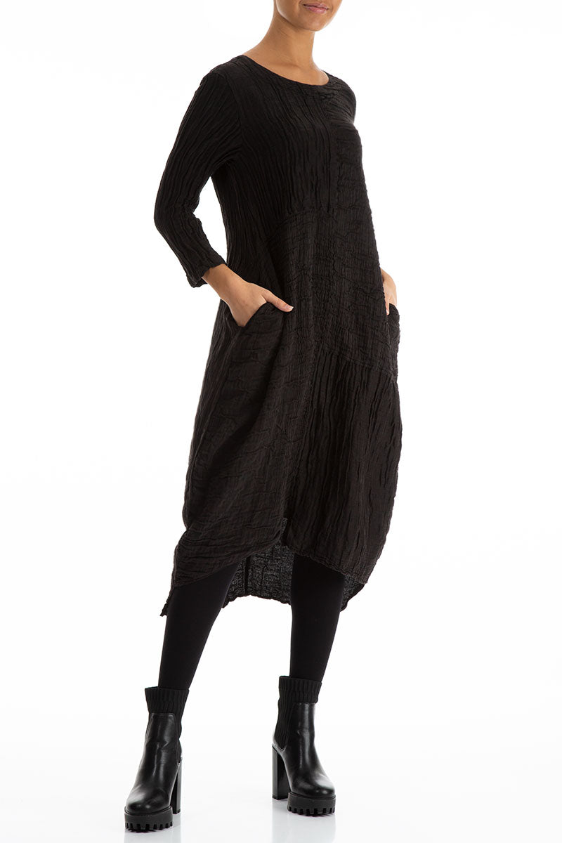 Asymmetrical Crinkled Black Silk Linen Dress